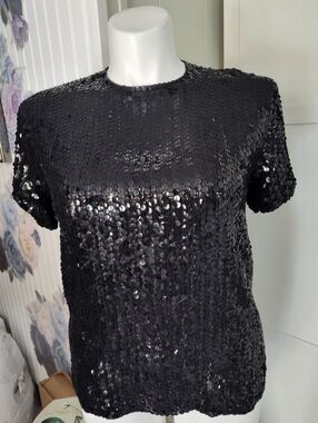 VTG Diane Gilman Sequin Blouse Black Silk Short Sleeve Party Top Women's Medium